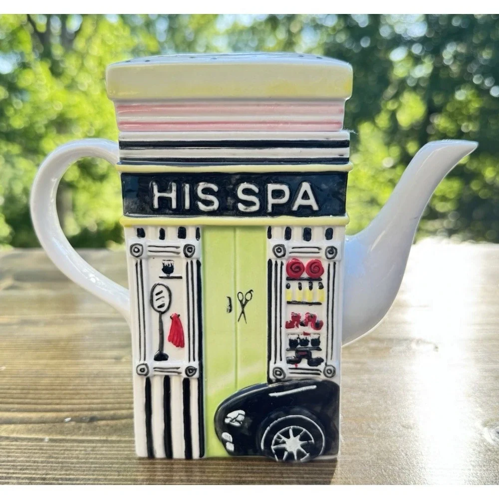MSRF His Spa Her Spa Ceramic‎ Teapot Salon Barber Shop Storefront w Lid
